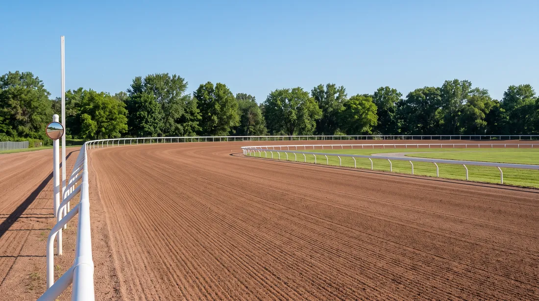Empty home stretch with a finish post on the rail